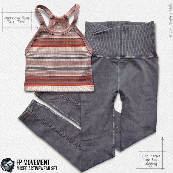 FP MOVEMENT WORKOUT SET: HAPPINESS RUNS STRIPED CROP TANK + GOOD KARMA LEGGINGS - Picture 1 of 16